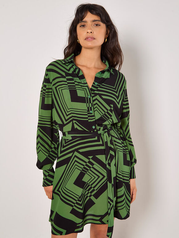 Geo Squares Shirt Mini Dress, Green, large