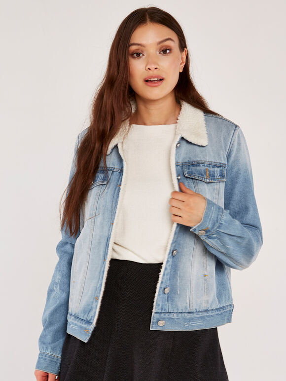 Denim Teddy Fur Lined Jacket, Blue, large
