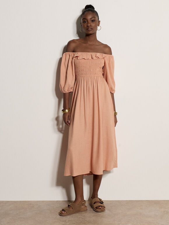 Smocked Bardot Maxi Dress, Peach, large
