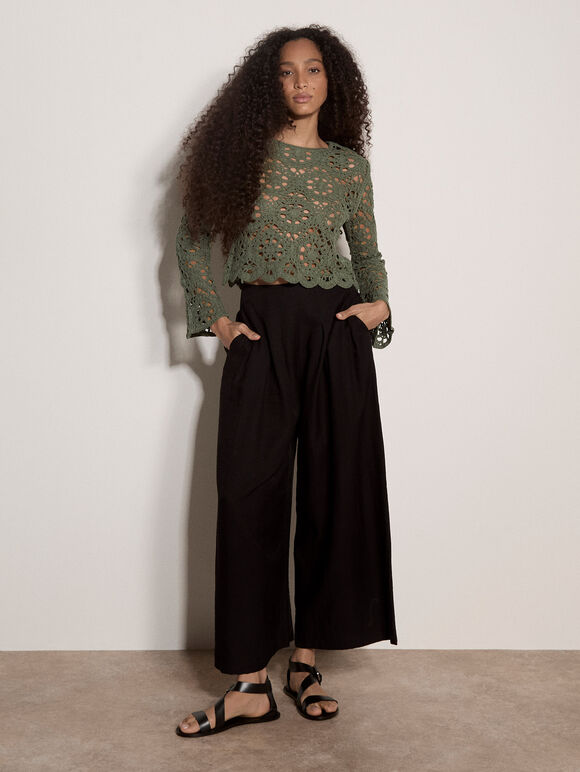 Boho Floral Cotton Crochet Top, Khaki, large