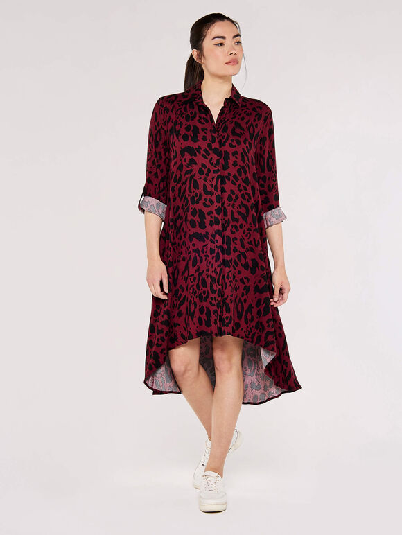 Animal Oversized Shirt Dress, Burgundy, large