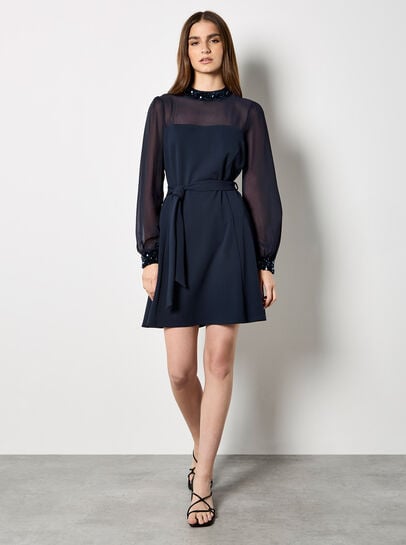 Sequin Trim Belted Mini Dress