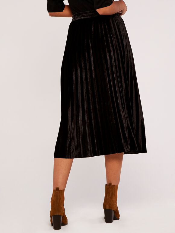 Velvet Pleated Midi Skirt, Black, large