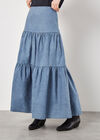 Cotton Denim Tiered Maxi Skirt, Blue, large