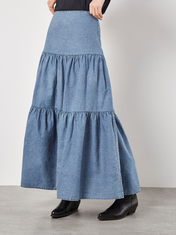 Cotton Denim Tiered Maxi Skirt, Blue, large