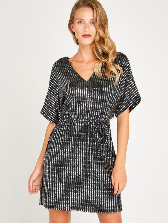 Sequin Kimono Dress, Black, large