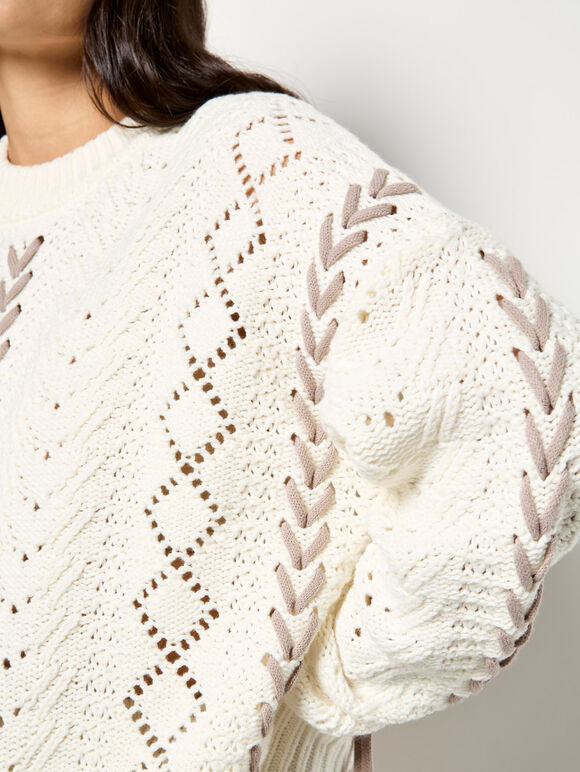 Pointelle Knit Lace Up Jumper, Cream, large