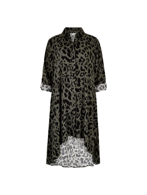 Animal Oversized Shirt Mini Dress, Khaki, large