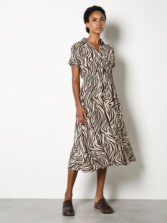 Zebra Print Shirt Midi Dress, Stone, large
