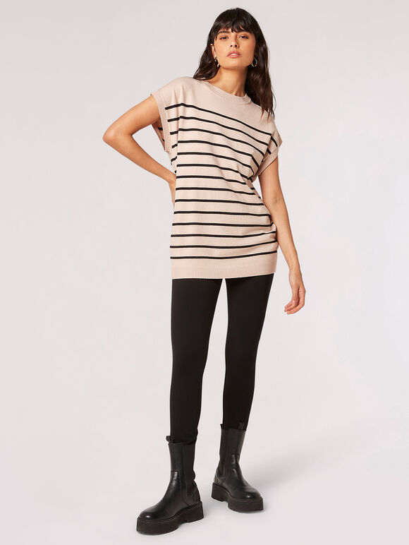 Breton Stripe Longline Knitted Top, Stone, large