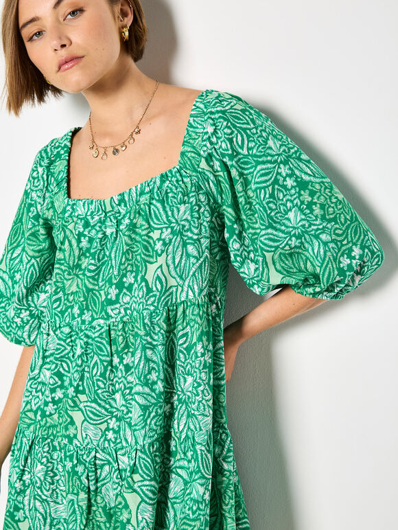 Floral Print Tiered Mini Dress, Green, large