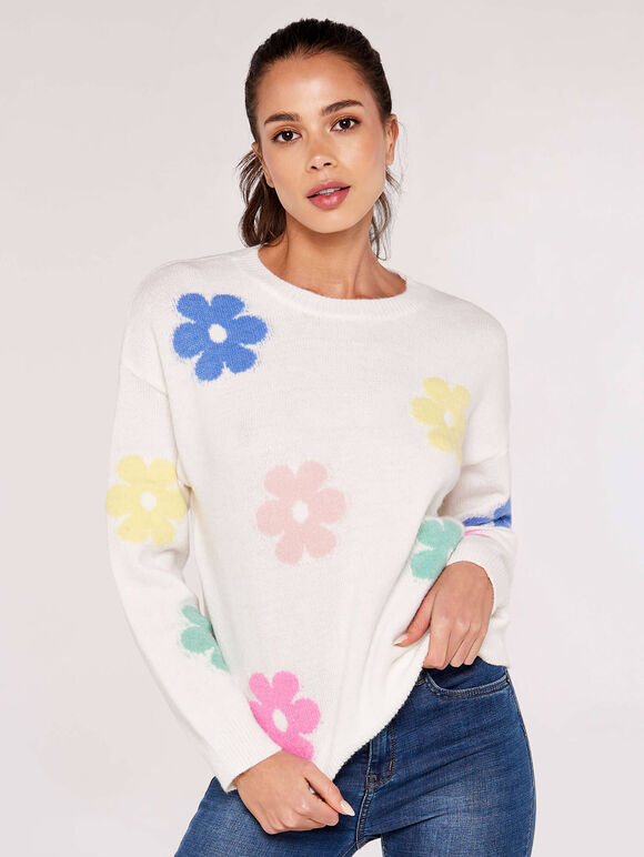 Multicolour Large Daisy Jumper, Cream, large
