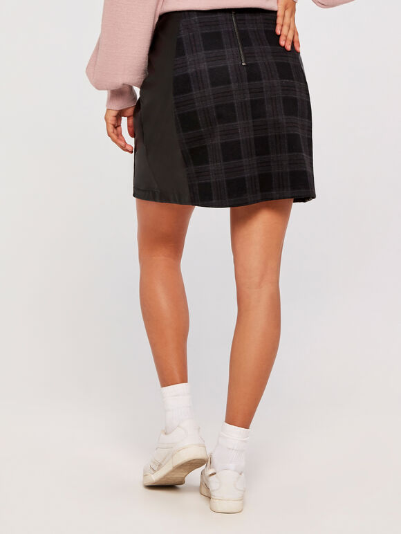 Plaid Ponti Leather Look Panelled Skirt, Pink, large