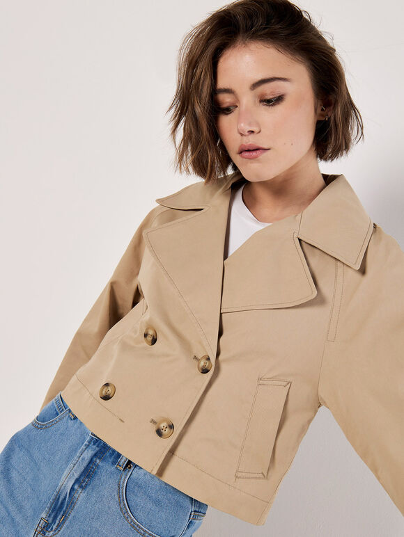 Cropped Trench Coat, Stone, large