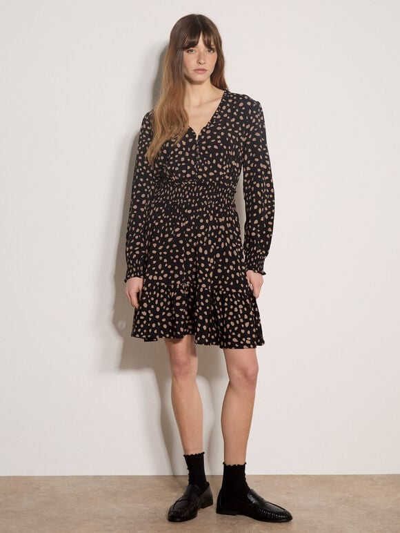 Irregular Spot Crepe Mini Dress, Black, large