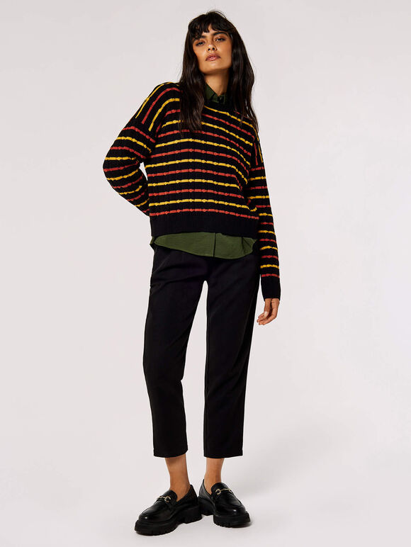 Plaited Knit Stripe Jumper , Black, large