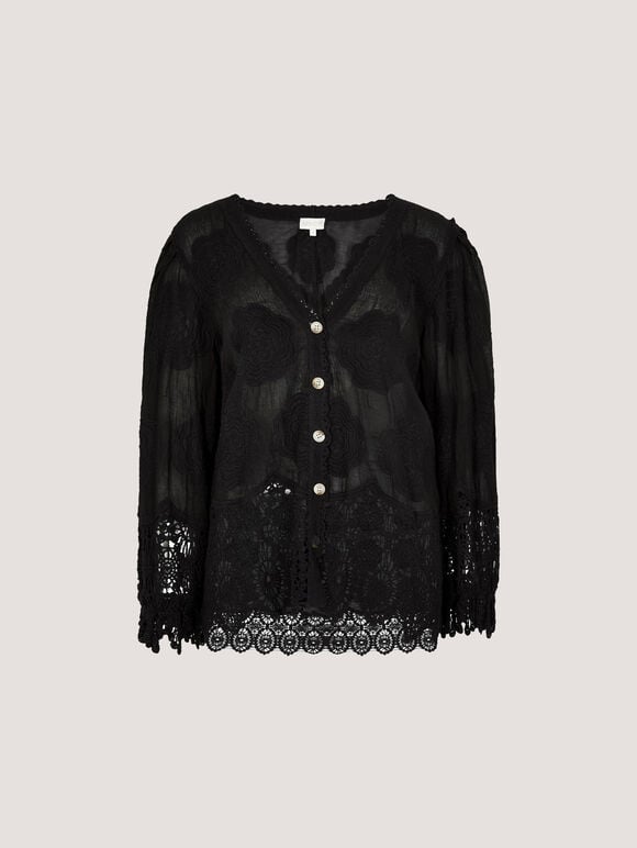 Embroidered Daisies Lace Blouse, Black, large