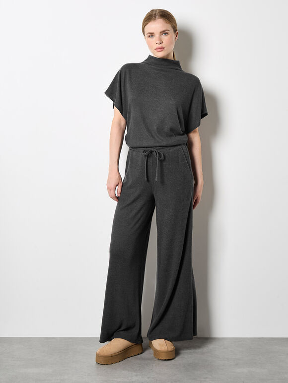 Soft Knit Wide Leg Trousers, Dark Grey - Charcoal, large