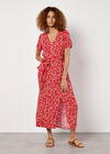 Ditsy Floral Decorative Button Midi Dress, Red, large