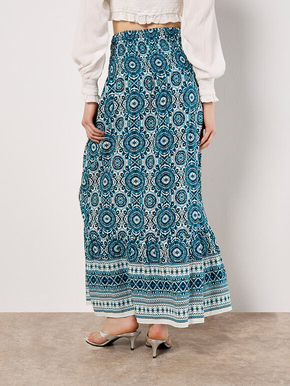 Batik Print Smocked Maxi Skirt, Blue, large