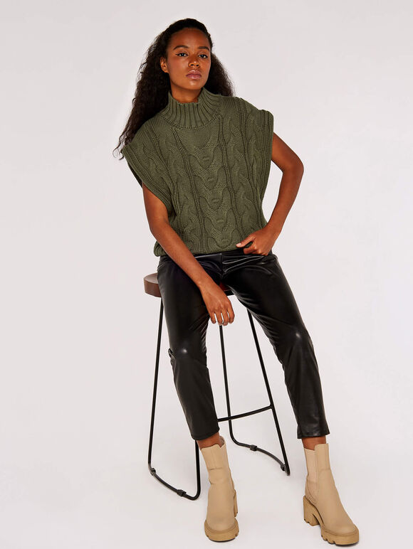 Chunky Cable Knit  Vest, Khaki, large