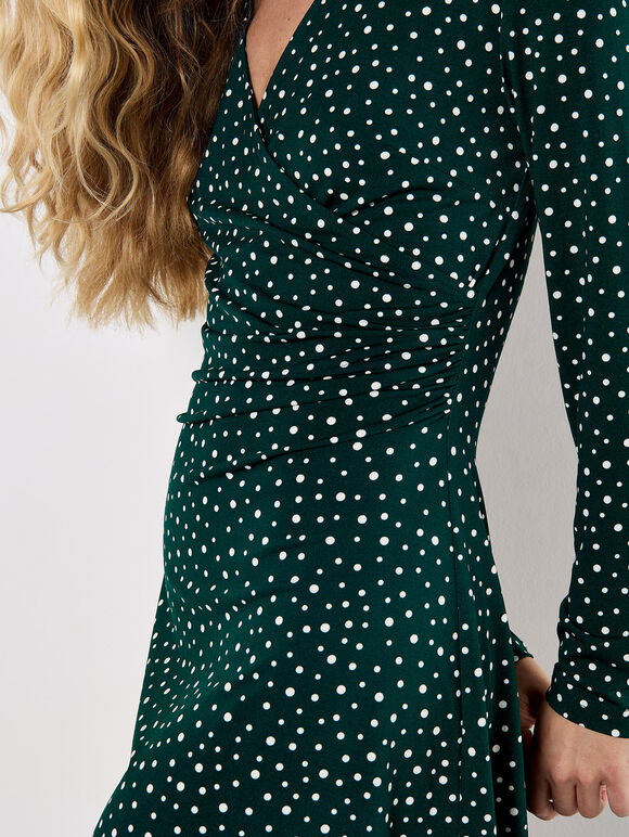 Polka Dot Wrap Ruched Mini Dress, Green, large