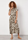 Textured Satin Zebra Print Midi Dress, Khaki, large