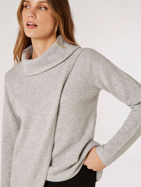 Roll Neck Wrap Jumper, Grey, large