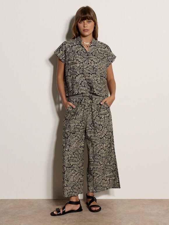 Leaf Print Cotton Culotte Trousers, Black, large