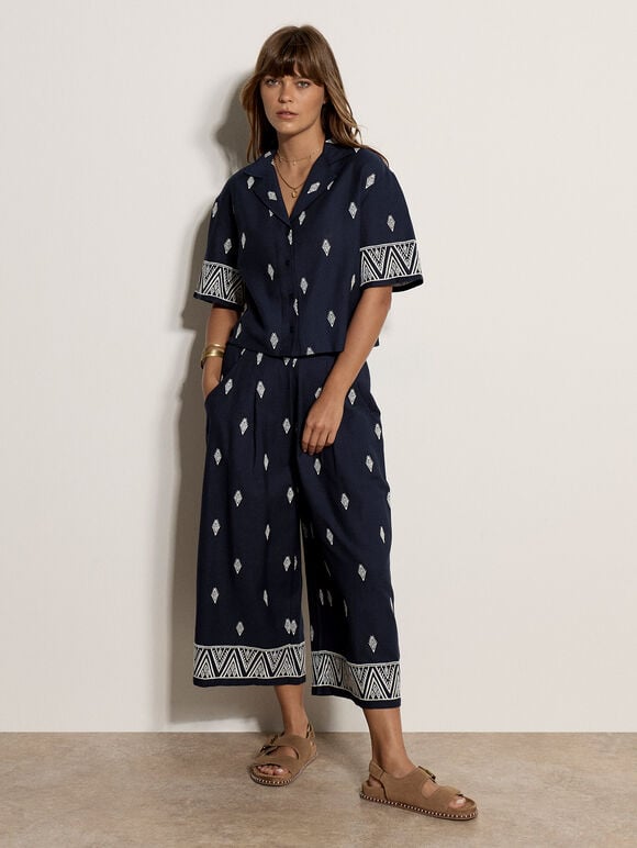 Cotton-Blend Embroidered Culottes, Navy, large