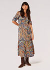 Boho Floral Satin Midi Dress, Navy, large