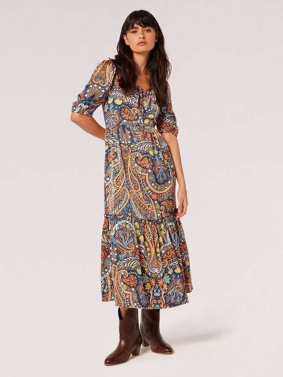 Boho Floral Satin Midi Dress, Navy, large