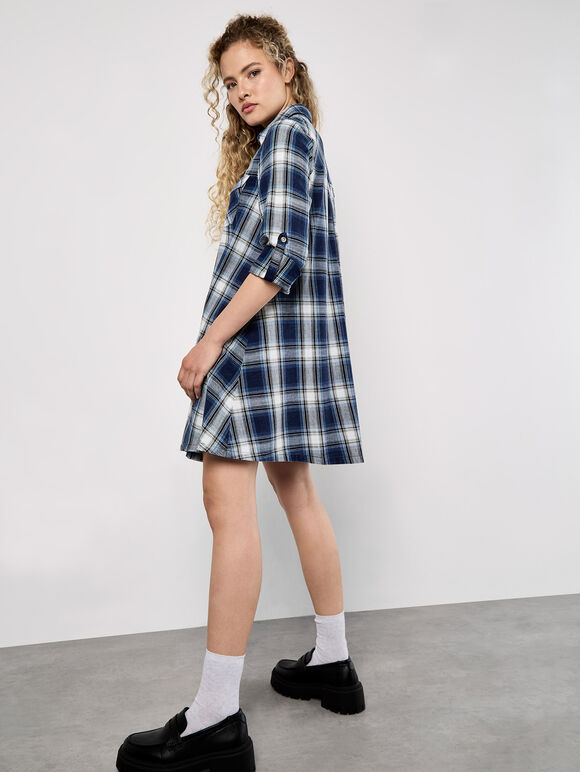 Washed Check Western Shirt Mini Dress, Blue, large