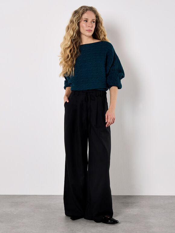 Cable Stripe Batwing Aran Jumper, Teal, large