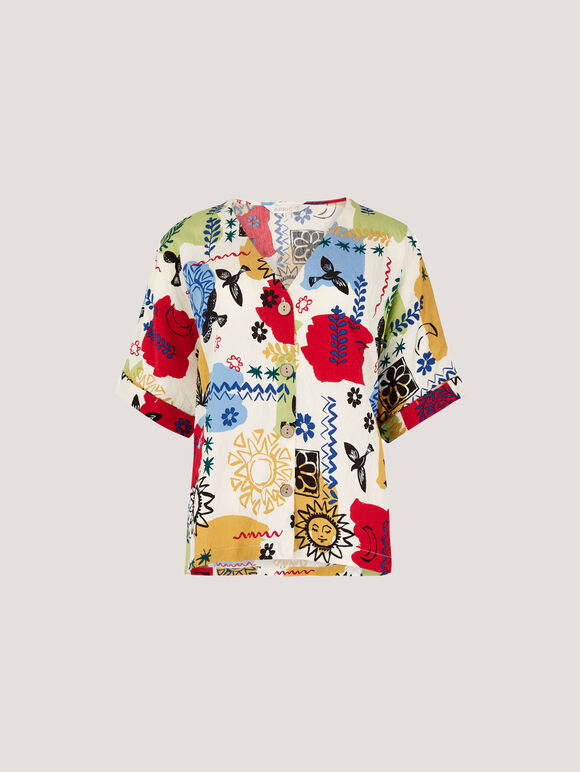 Colourful Sketch Print Top, Cream, large