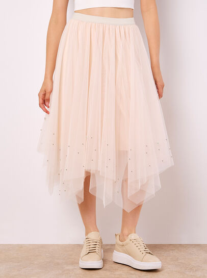 Pearl Embellished Tulle Midi Skirt