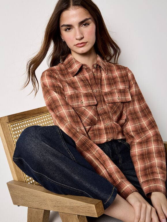 Soft Check Cropped Shirt, Pink, large