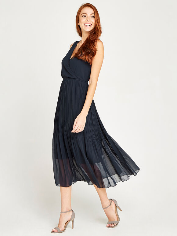Chiffon Plisse Midi Dress, Navy, large