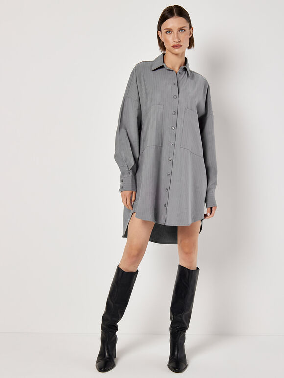 Pinstripe Oversized Shirt Mini Dress, Grey, large