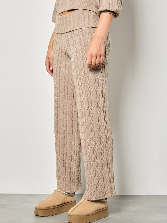 Twisted Cable Knit Wide Leg Trousers, Stone, large
