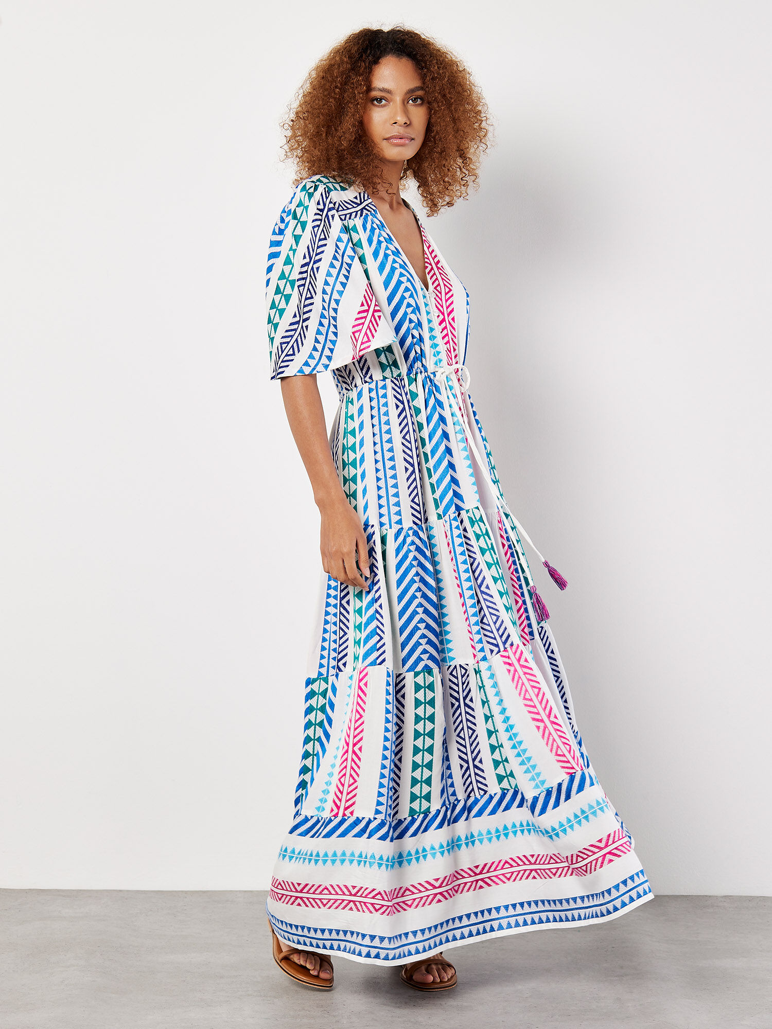 Geo Stripe Tiered Maxi Dress Apricot Clothing