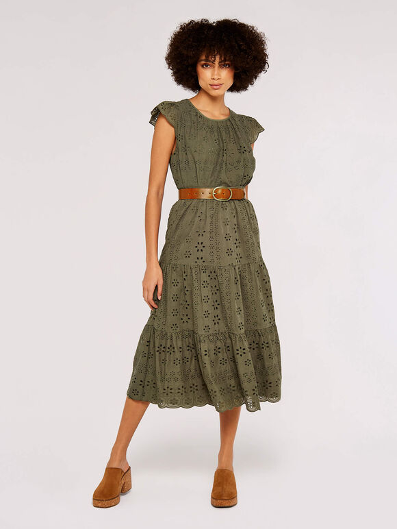 Broderie Anglaise Midi Skirt, Khaki, large