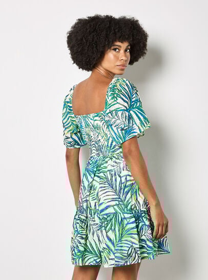 Palm Print Smocked Broderie Mini Dress