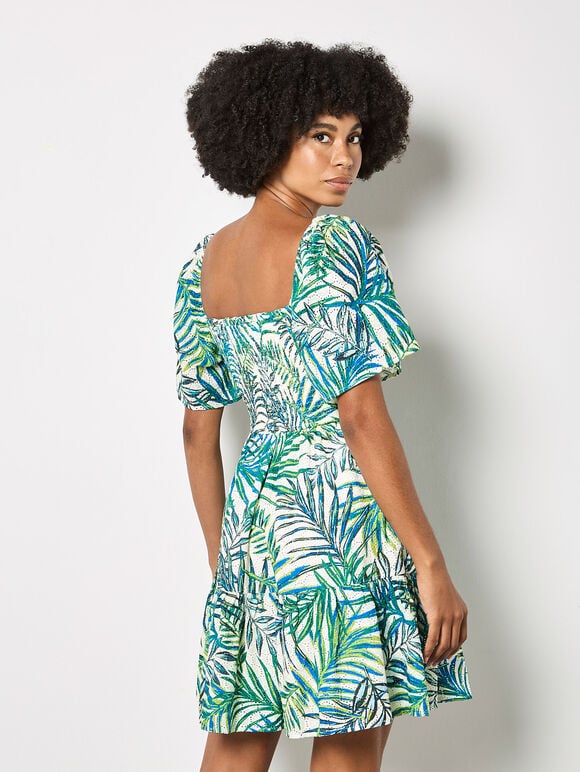 Palm Print Smocked Broderie Mini Dress, White, large