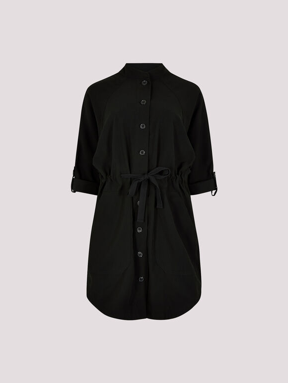 Drawstring Shirt Mini Dress, Black, large