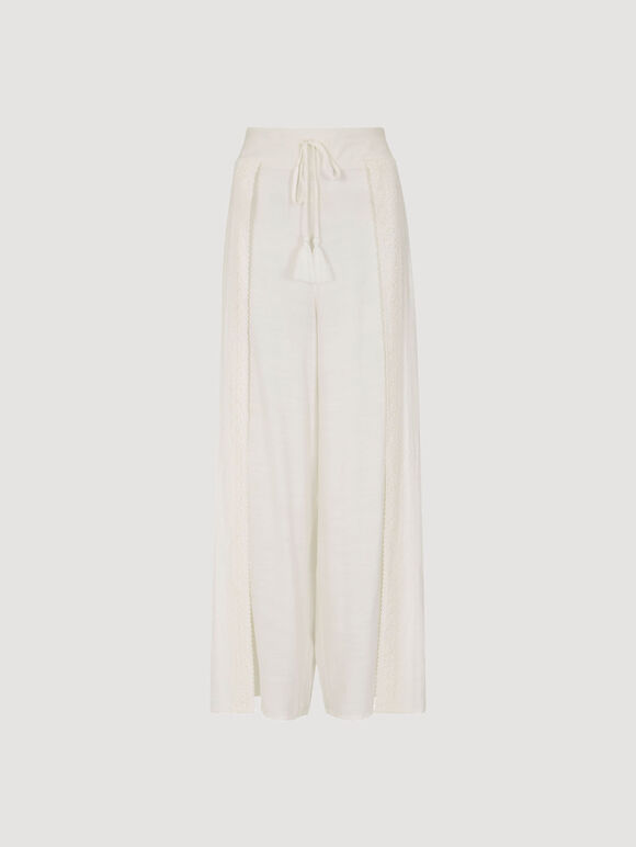 Lace Detail Front Split Wrap Trousers, Cream, large