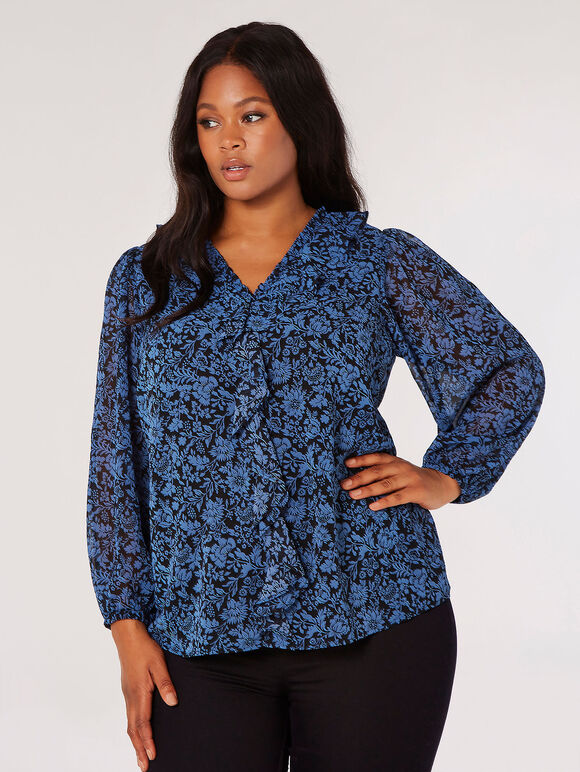 Curve Rüschenbluse mit floraler Silhouette, Blau, Größe L