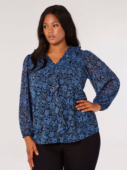 Curve Floral Silhouette Ruffle Blouse