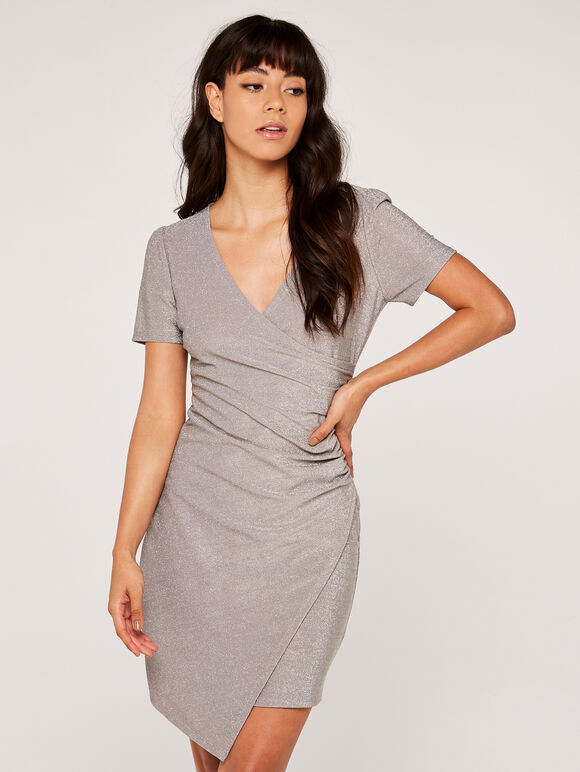 Ruched Bodycon Wrap Dress, Silver, large