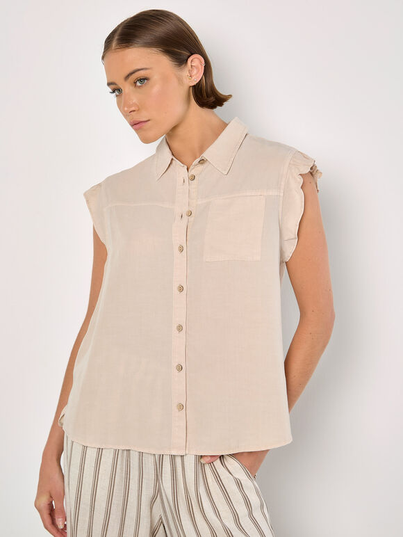 Ruffle Sleeve Soft Slub Blouse, Stone, large